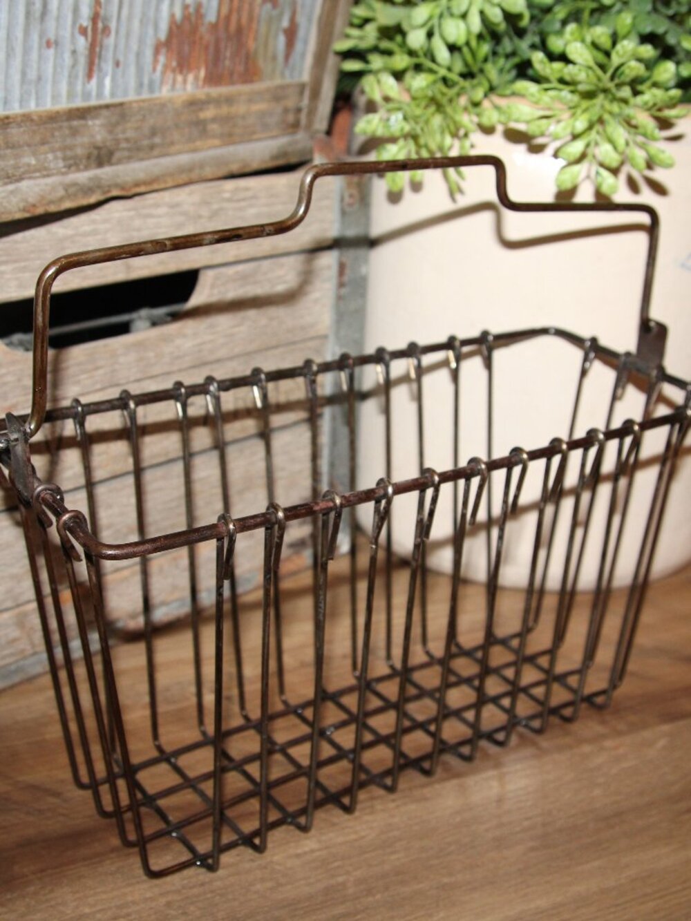Rustic Vintage French Country Farmhouse Wrought Iron Basket with Handle